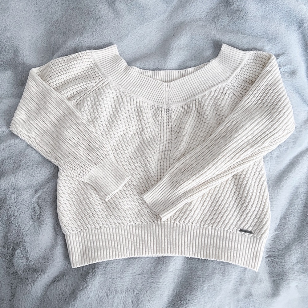 A&F｜Cream Off-The-Shoulder Ribbed Texture Soft Sweater Sz S